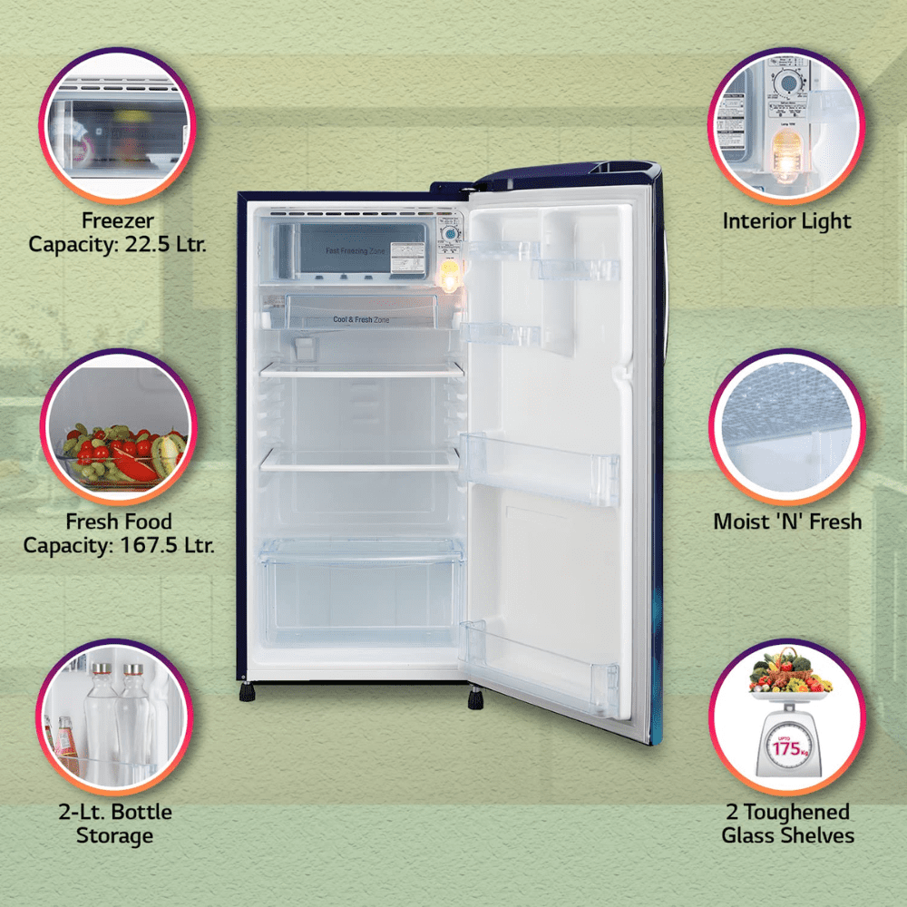 LG 185 Ltrs 3 Star Inverter Direct Cool Single Door Refrigerator ( GL-B201ABCD, Blue Charm)