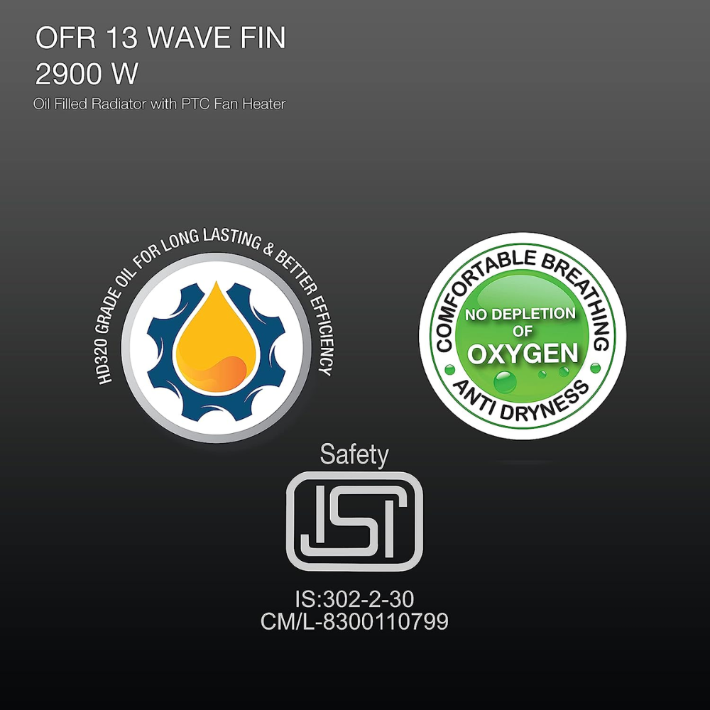 Havells 13 Wave Fins, 2900 Watts Oil Filled Radiators Room Heater with PTC Fan (OFR 13F, Black)