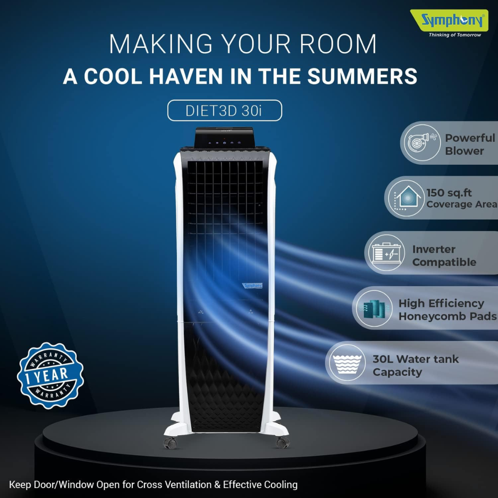 Symphony 30 Ltrs Diet 3D i Portable Tower Air Cooler (DIET3D30I)