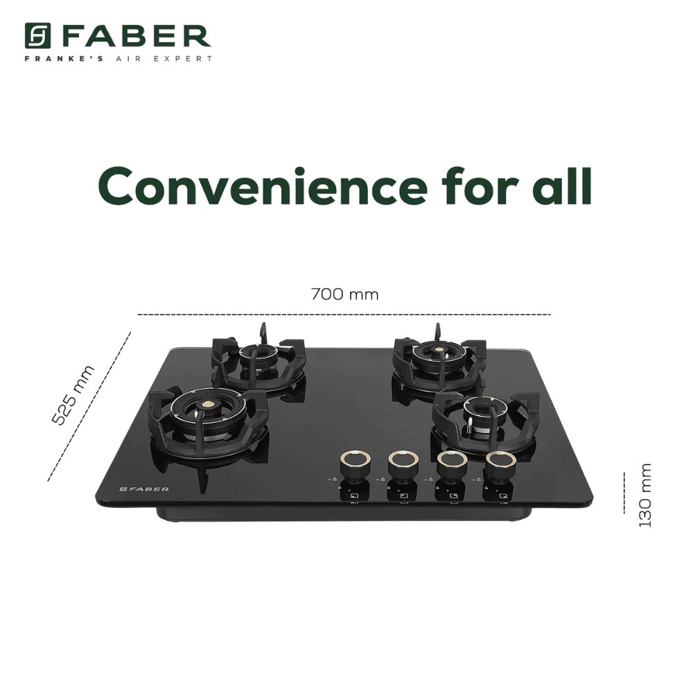 Faber Hob EXPERIA HT704 ALU AI, 4 burner 70 cm Auto Ignition Glass Stainless Steel Design Brass Burners 2 Medium + 1 Small + 1 High (Black)