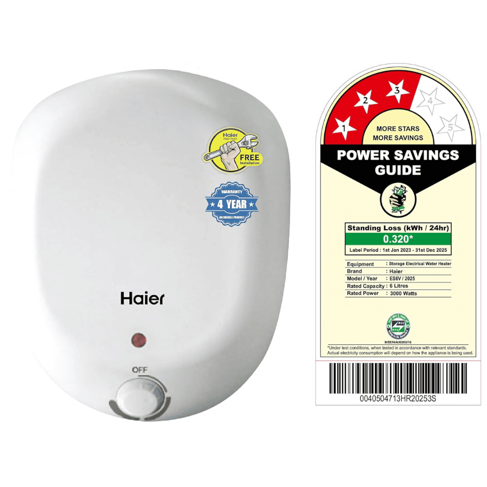 Haier 6 Ltrs Instant Water Heater Wall Mounting Geyser (ES6V-Q1 White)