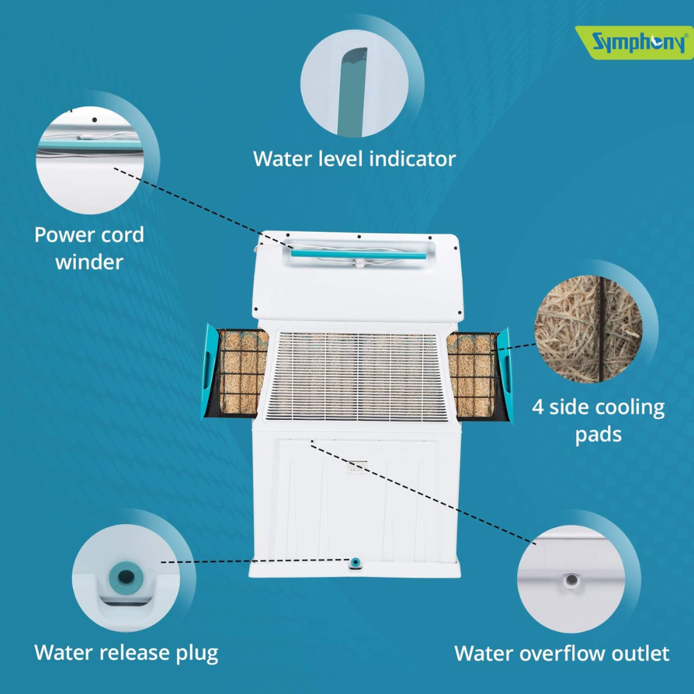 Symphony 80 Ltrs Personal Air Cooler with 4-Side Aspen Pads (Touch80l)