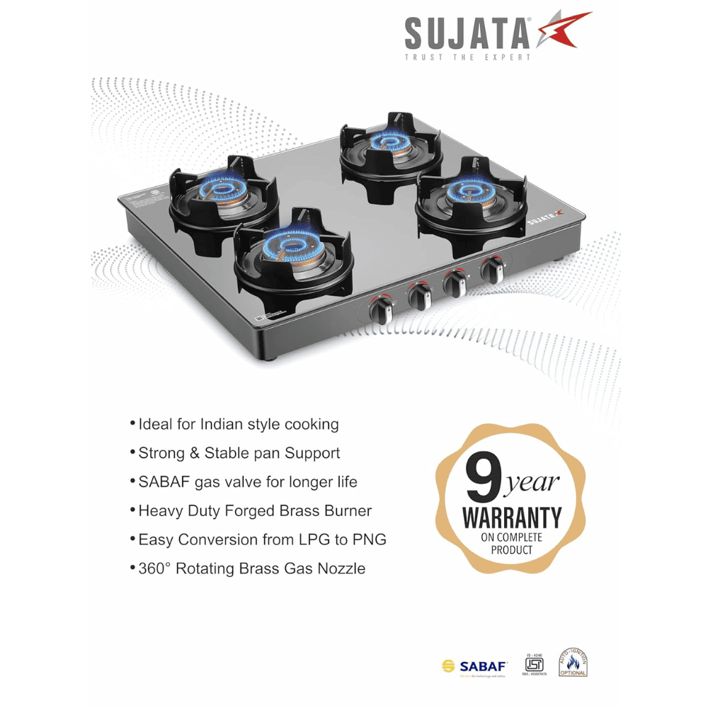 Sujata Cooktop Deluxe, 4 Burner Glass Top Brass Burner Gas Stove (Black)