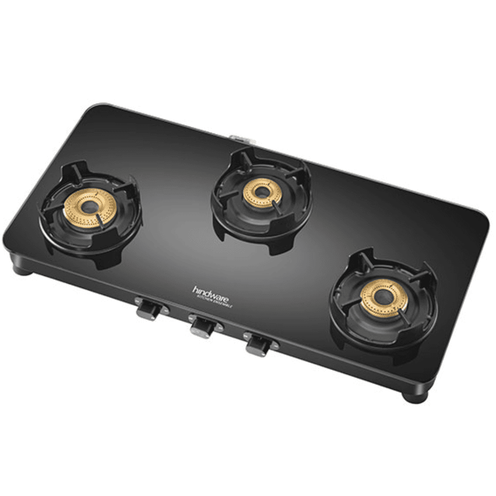 Hindware Cooktop, ALVERIO 3B AI, 3 Burner Auto Ignition Glass Top Forged Brass Burner 1 Big + 1 Medium + 1 small Gas Stove (Black)