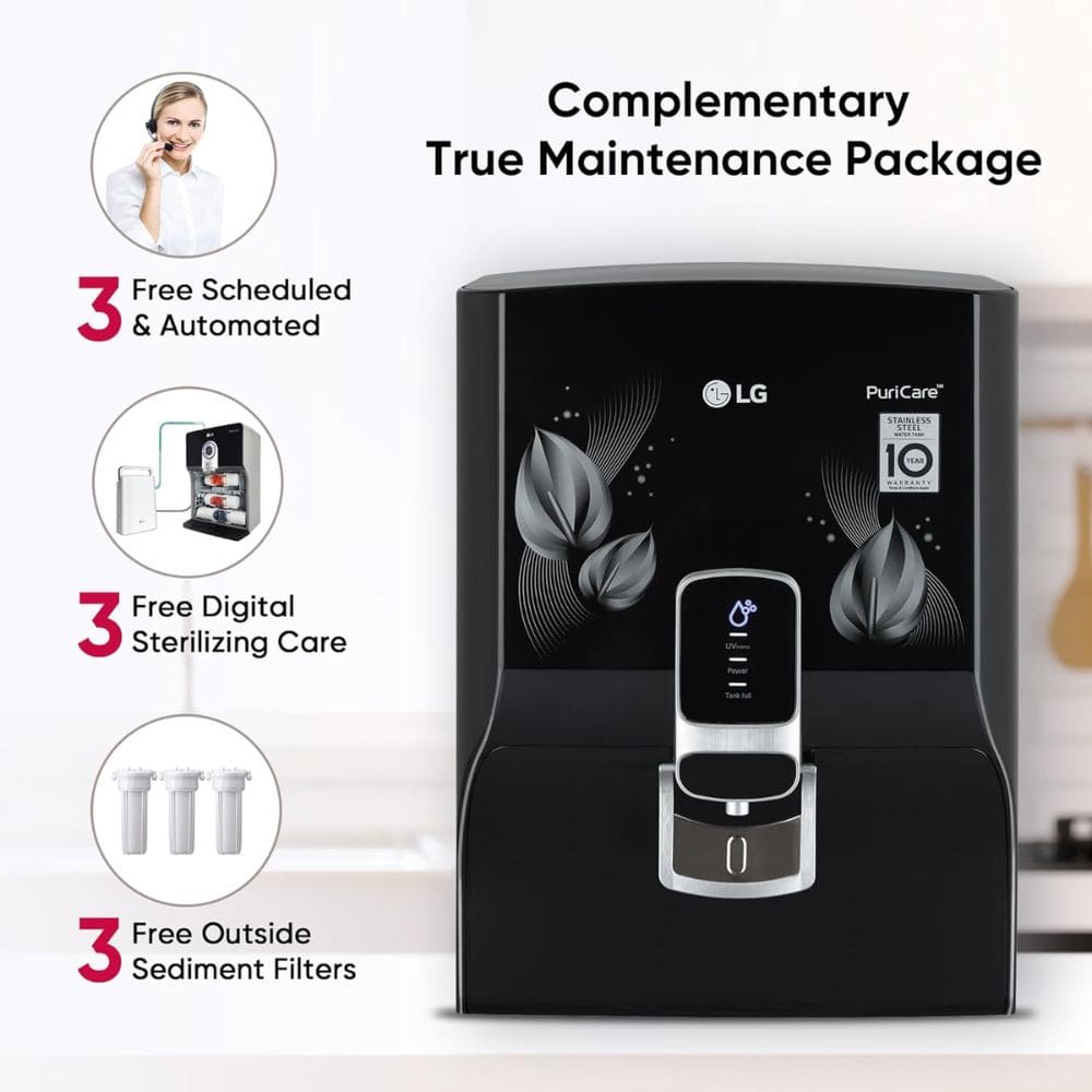 LG WW174NPB, 8 Litres RO+UV Mineral Booster Stainless Steel Tank Wall Mountable Water Purifier, Black