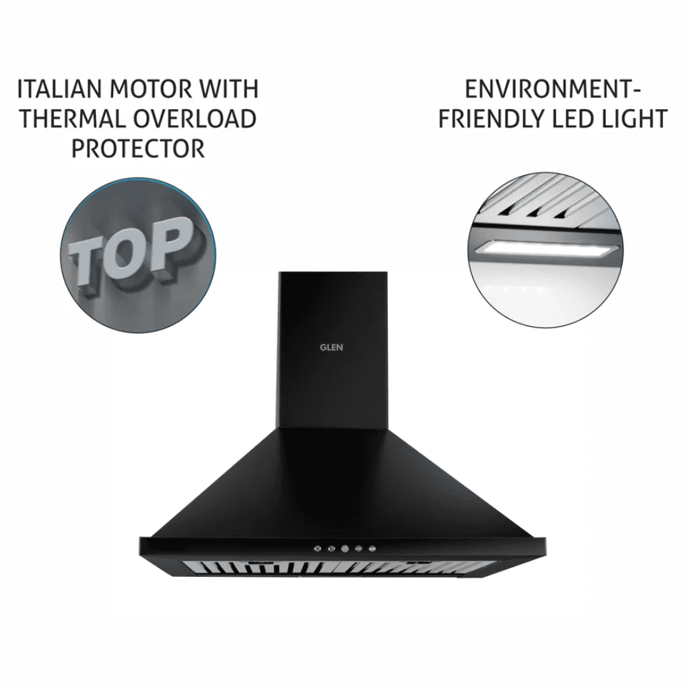 Glen 6054 SS, 60 cm 1250 m3/hr Auto Clean Vertical Glass Kitchen Chimney, Filterless Technology (Black)
