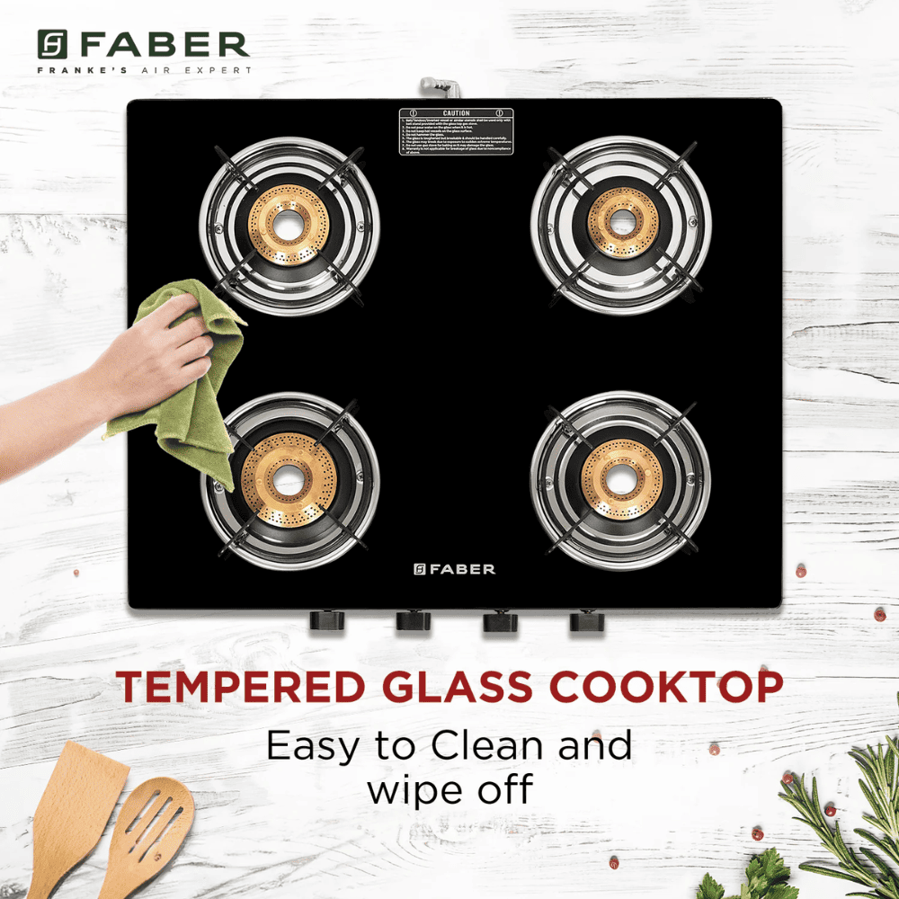 Faber Cooktop, SPARK 4BB BK, 4 Burner Auto Manual Glass Top Brass Burner 1 Big + 2 Medium + 1 small Gas Stove (Black)