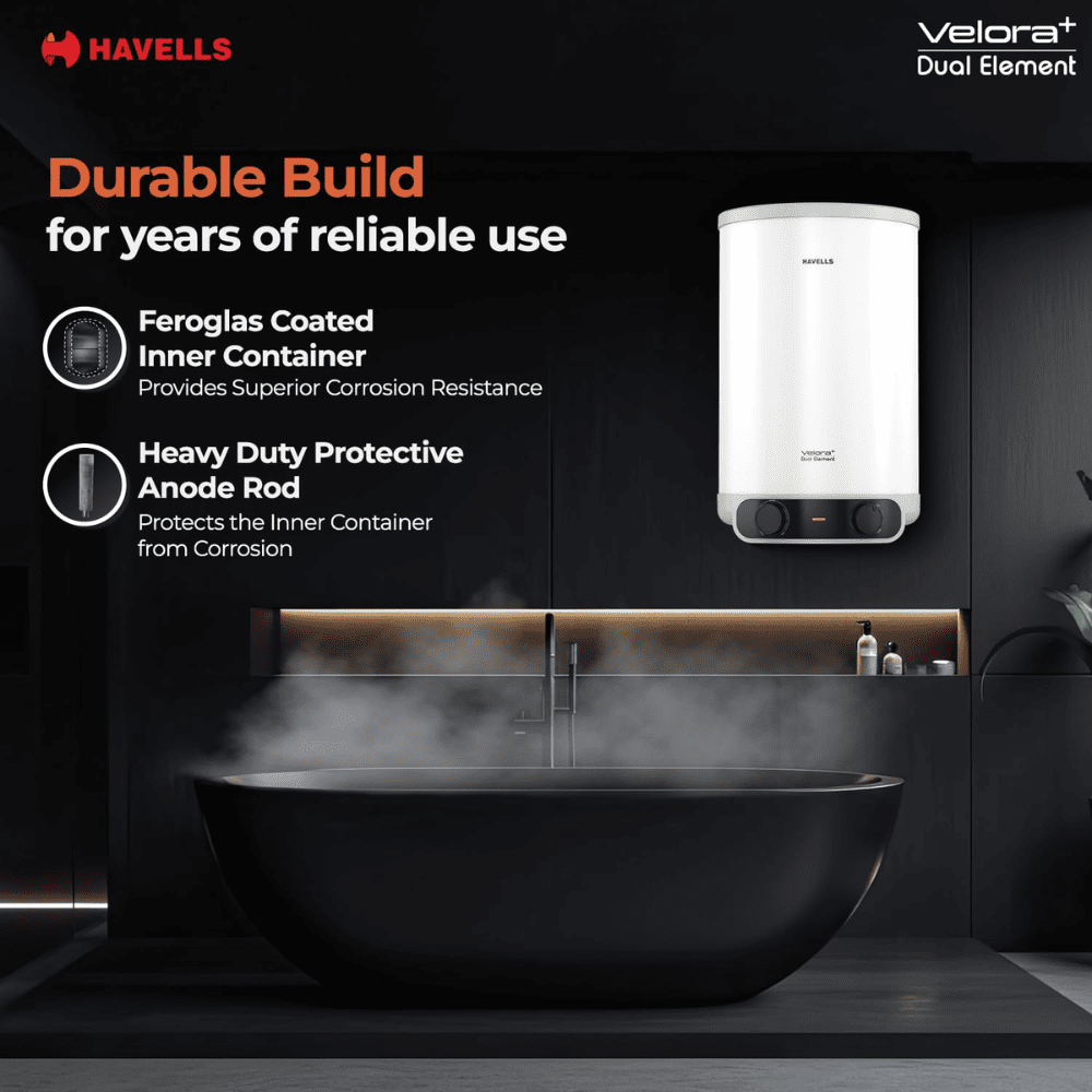 Havells 15 Ltrs Vertical Storage 5 Star Water Heater Geyser (VELORA+, White)