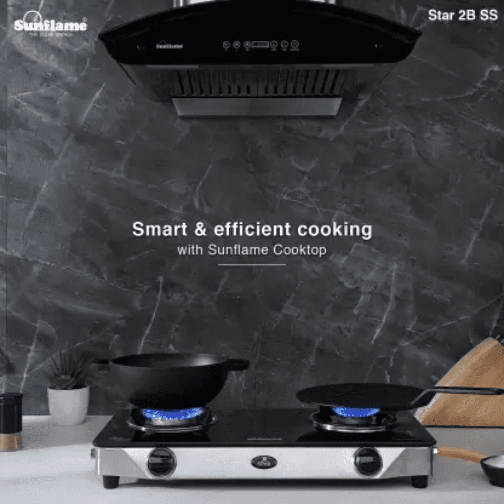 Sunflame Cooktop, Star 2B SS, 2 Burner 58 cm Manual Ignition Glass Top Stainless Steel Burner 2 Medium Gas Stove (Black)