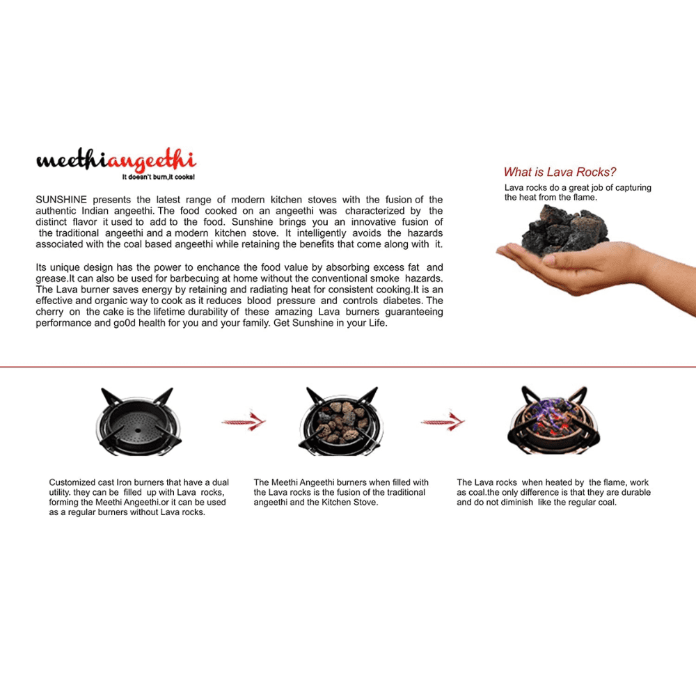 Sunshine Cooktop, 4BR METHI ANGEETHI PRO, 4 Burner 50 cm Manual Ignition Glass Top Brass Burner 1 Lava Rocks Medium + 1 Small +1 High Flame Gas Stove (Black)