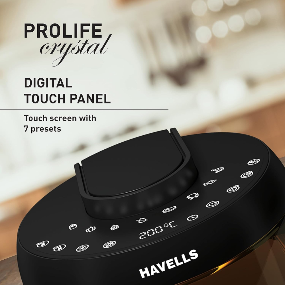 Havells Prolife Crystal, 1500 Watts 5 Litres Touch Screen Electric Air Fryer, Auto Restart Digital Display with Dehydrator Mode 85% Less Oil (Black)
