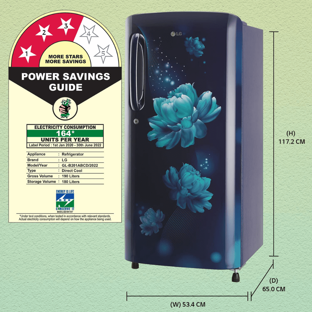 LG 185 Ltrs 3 Star Inverter Direct Cool Single Door Refrigerator ( GL-B201ABCD, Blue Charm)