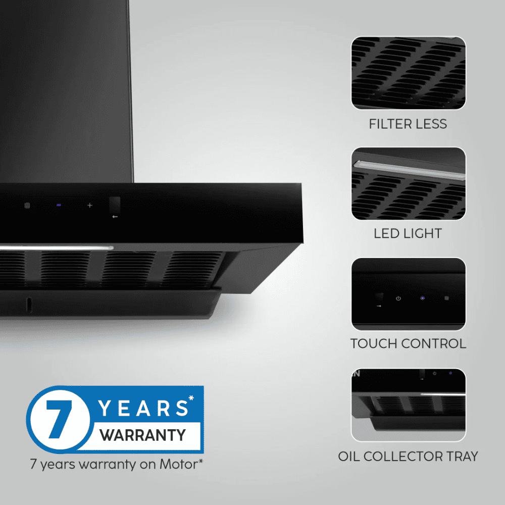 Glen 6052 SLIM BL, 60 cm 1200 m3/hr Auto Clean Curved Glass Kitchen Chimney (Black)