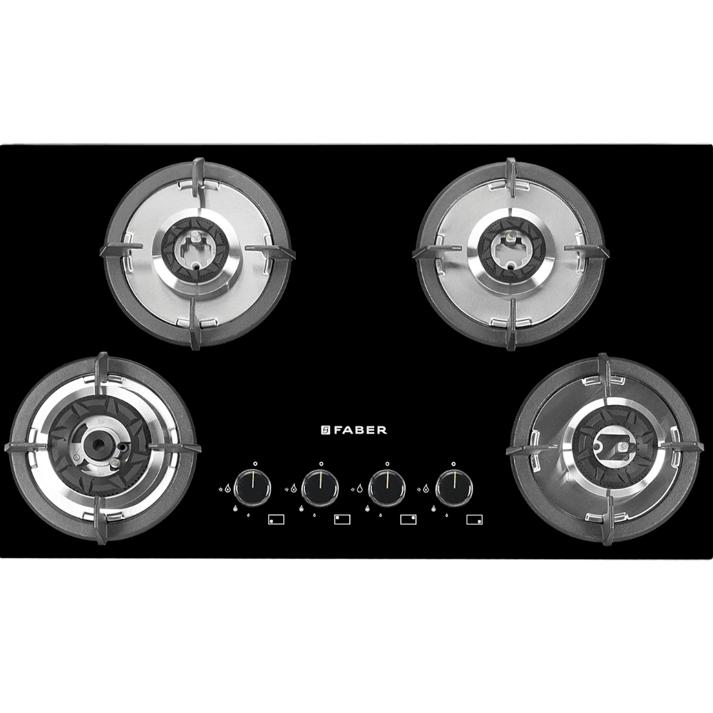 Faber Hob SUPERIA HT764 BR AI, 4 burner 90 cm Auto Ignition Glass Top Full Brass Burners 2 Medium + 1 Small + 1 High Gas Stove (Black)