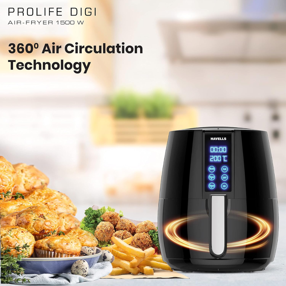 Havells Prolife Digi, 1230 Watts 4 Litres Digital Touch Panel Air Fryer, Black