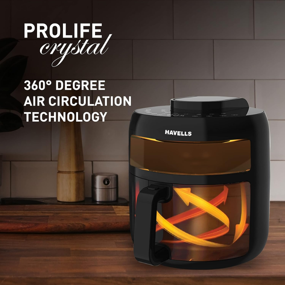 Havells Prolife Crystal, 1500 Watts 5 Litres Touch Screen Electric Air Fryer, Auto Restart Digital Display with Dehydrator Mode 85% Less Oil (Black)