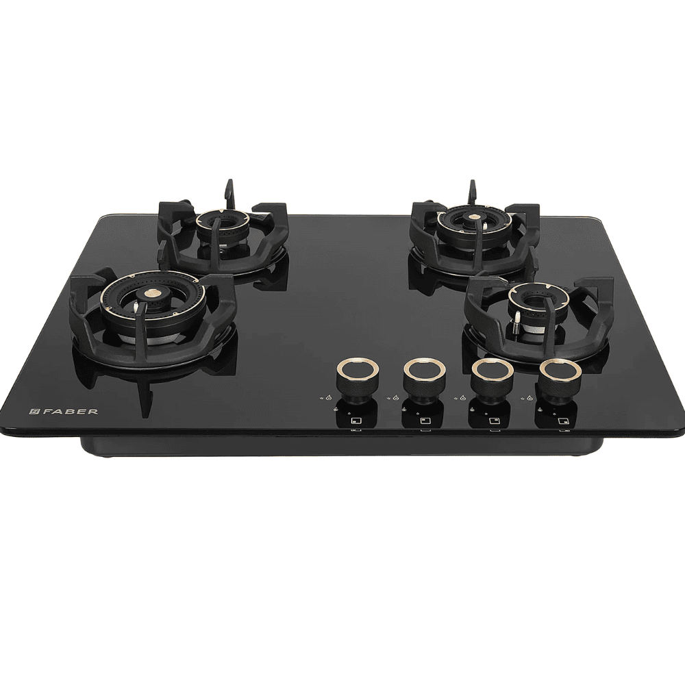 Faber Hob EXPERIA HT704 ALU AI, 4 burner 70 cm Auto Ignition Glass Stainless Steel Design Brass Burners 2 Medium + 1 Small + 1 High (Black)