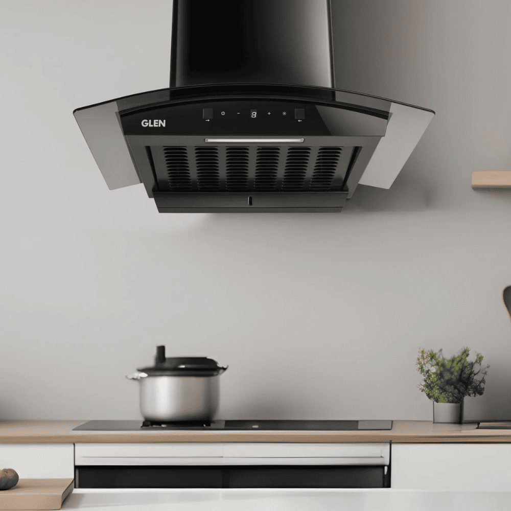 Glen 6058  BL, 90 cm 1200 m3/hr Auto Clean Wall Mounted Curved Glass Kitchen Chimney, Filterless Technology (Black)
