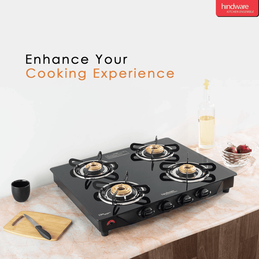 Hindware Cooktop, ARMO 4B GL BLK, 4 Burner Glass Top Brass Burner 2 Medium + 2 small Gas Stove (Black)