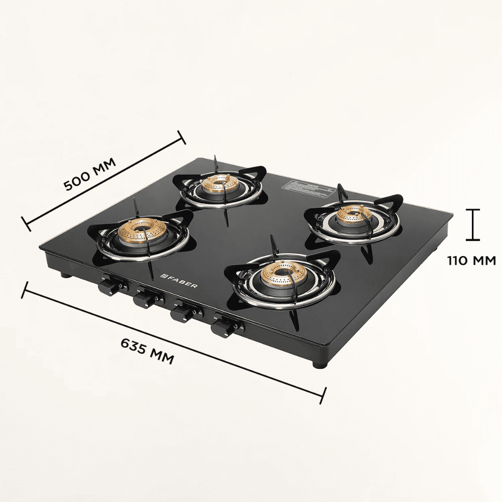 Faber Cooktop, SPARK 4BB BK, 4 Burner Auto Manual Glass Top Brass Burner 1 Big + 2 Medium + 1 small Gas Stove (Black)