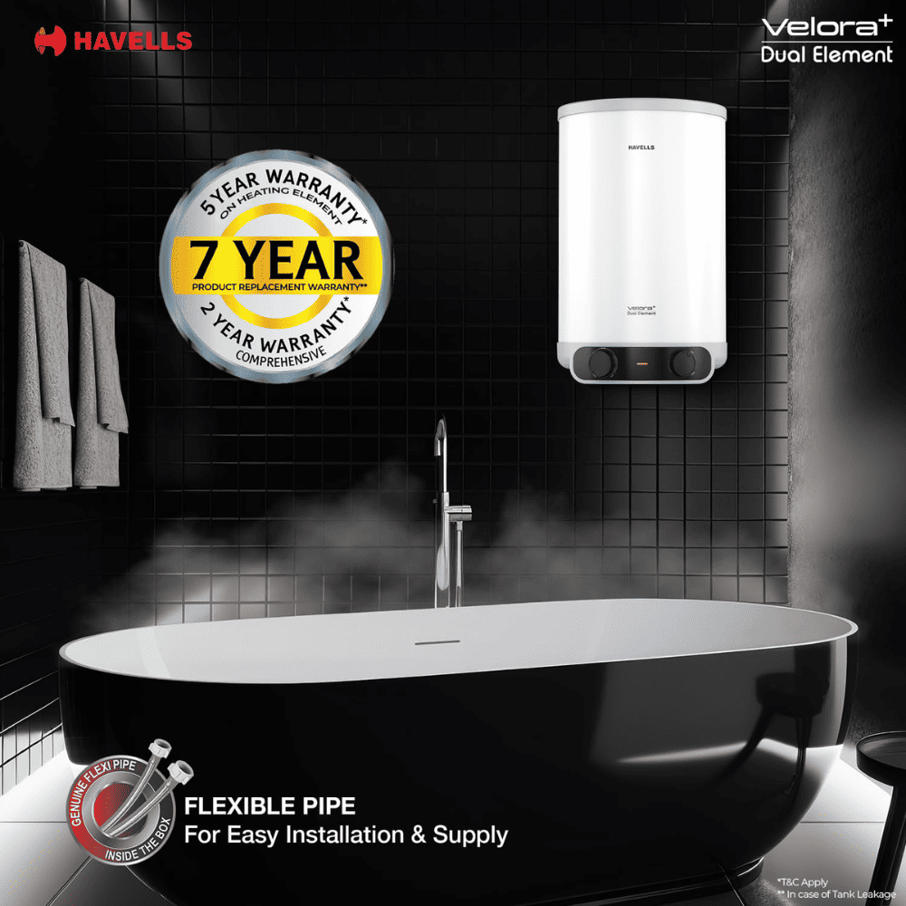 Havells 15 Ltrs Vertical Storage 5 Star Water Heater Geyser (VELORA+, White)