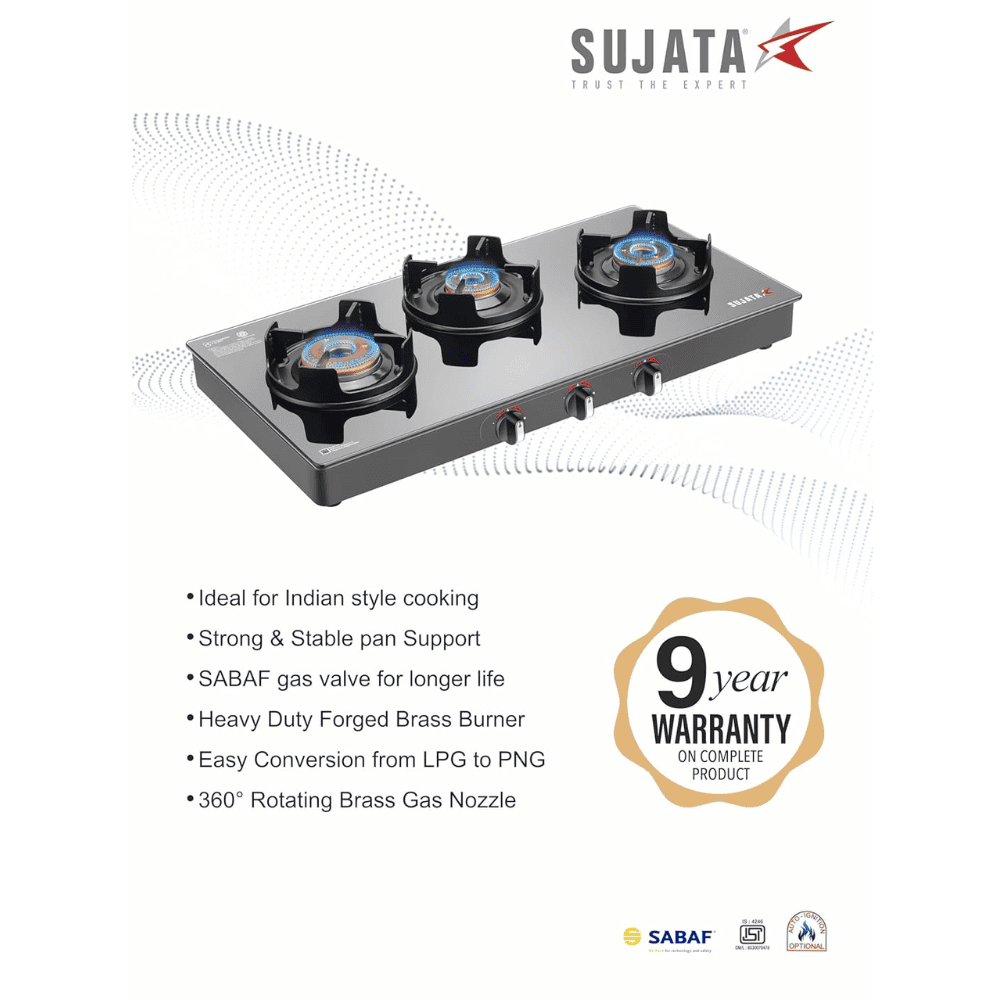 Sujata Cooktop Deluxe, 3 Burner Glass Top Brass Burner Gas Stove (Black)