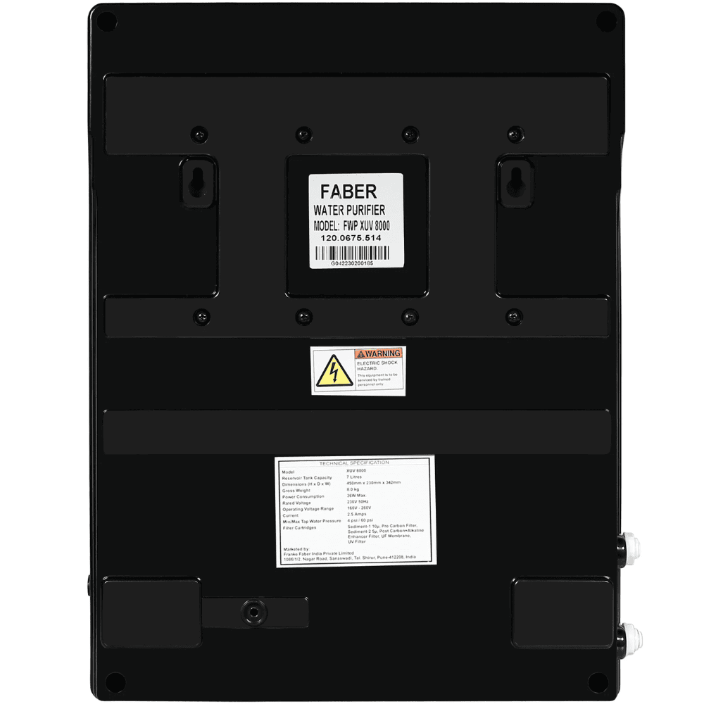 Faber XUV 8000 Alkaline, 7 Ltrs Storage RO + UV + UF Wall Mountable Water Purifier, Black
