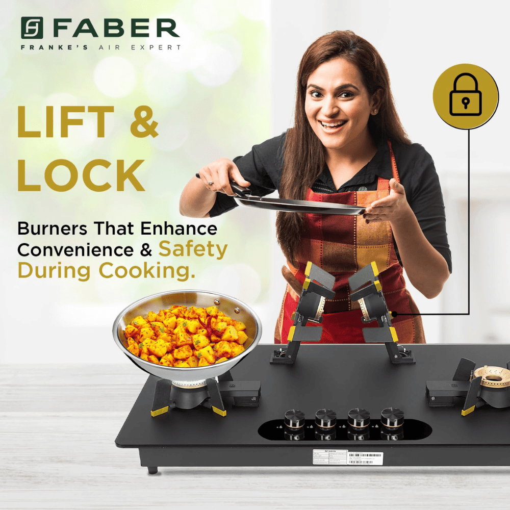 Faber Hob MAGICLIFT HT904 BR CI AI , 4 burner 90 cm Auto Electric Ignition Glass Top Liftable Brass Burners 1 Medium + 2 Small + 1 High (Black)