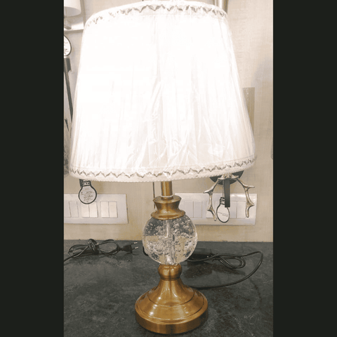 Table Lamp Cotton Fabric Shade Self Design Bedside Standard Night Light (White, Gold-Toned)