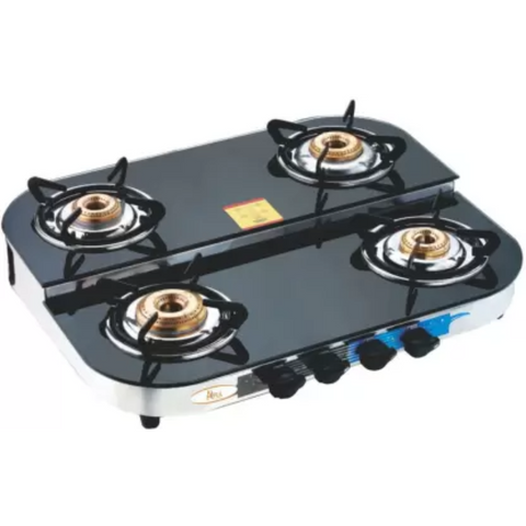 Hindware Cooktop, APEX 4B, 4 Burner Auto Ignition Glass Top Forged Brass Burner 1 Big + 1 Medium + 2 small Gas Stove (Black)