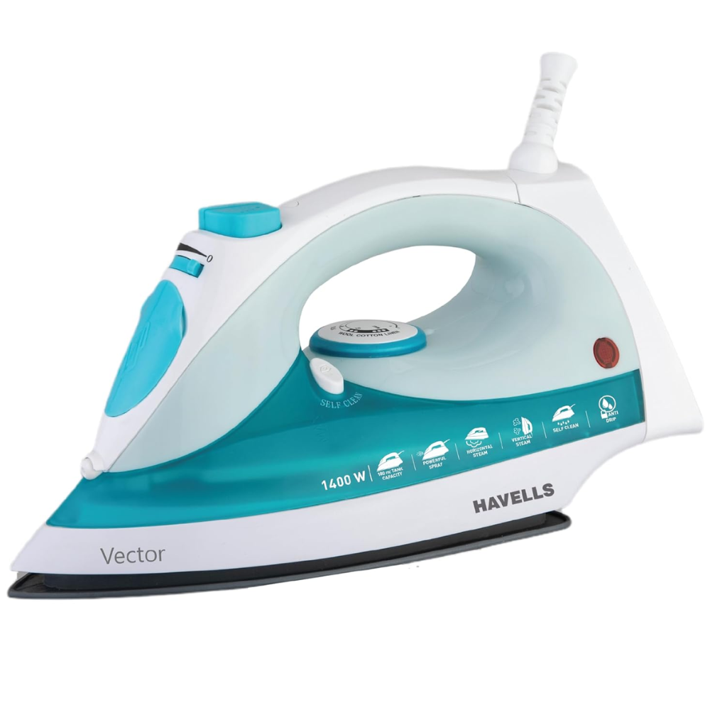 Havells Vector, 1400 Watts Non Stick Coated Sole Plate Steam Iron Press (Teal blue)