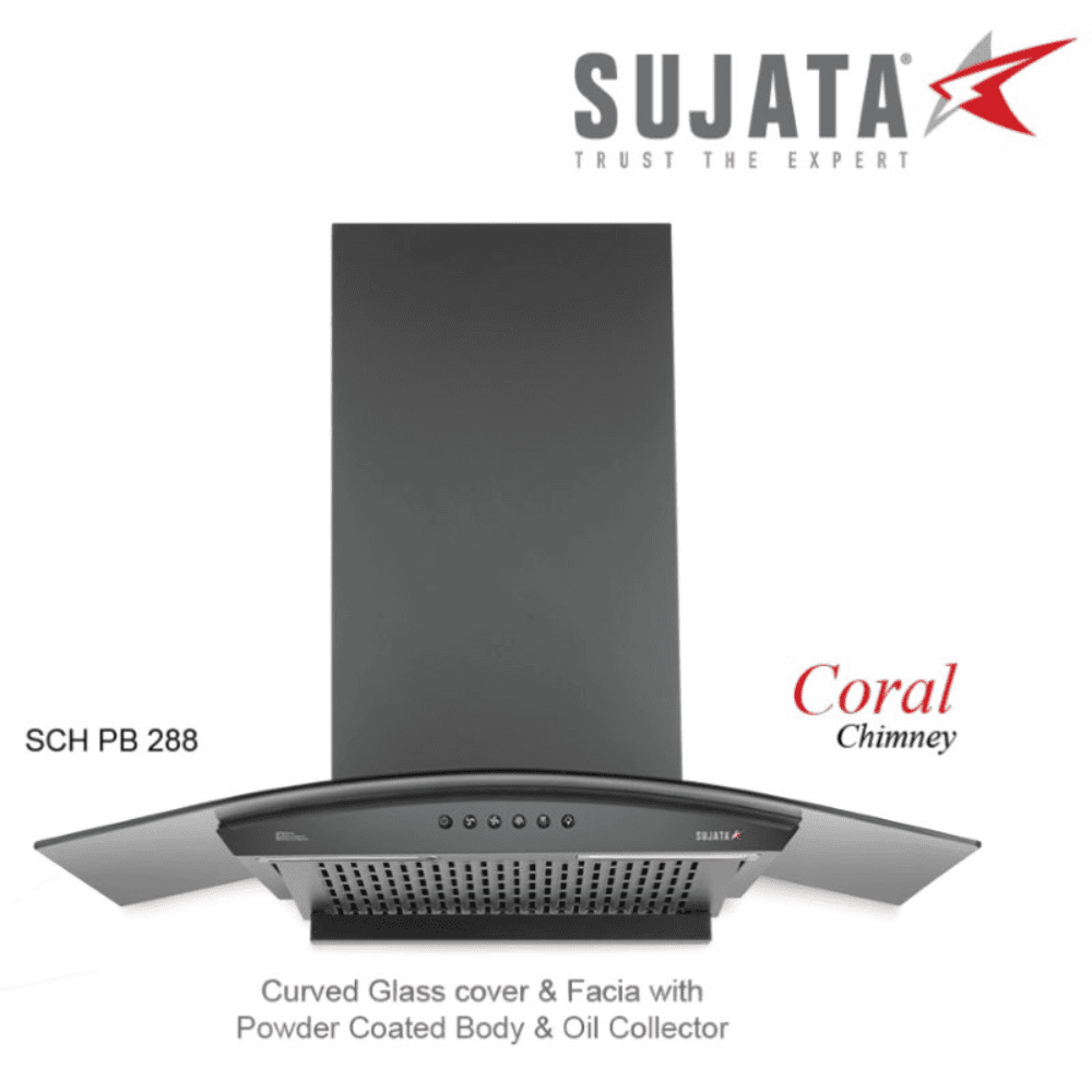 Sujata Coral, 60 cm 1100m3/hr Autoclean Kitchen Chimney with Filterless Technology (Black)