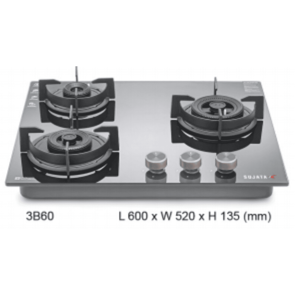 Sujata Hob, 3 Burner 60 cm Auto Ignition Stainless Steel Burner 1 Larg + 1 Medium + 2 Small (Indium 3B60, Black)