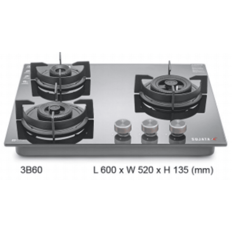 Sujata Hob, 3 Burner 60 cm Auto Ignition Stainless Steel Burner 1 Larg + 1 Medium + 2 Small (Indium 3B60, Black)