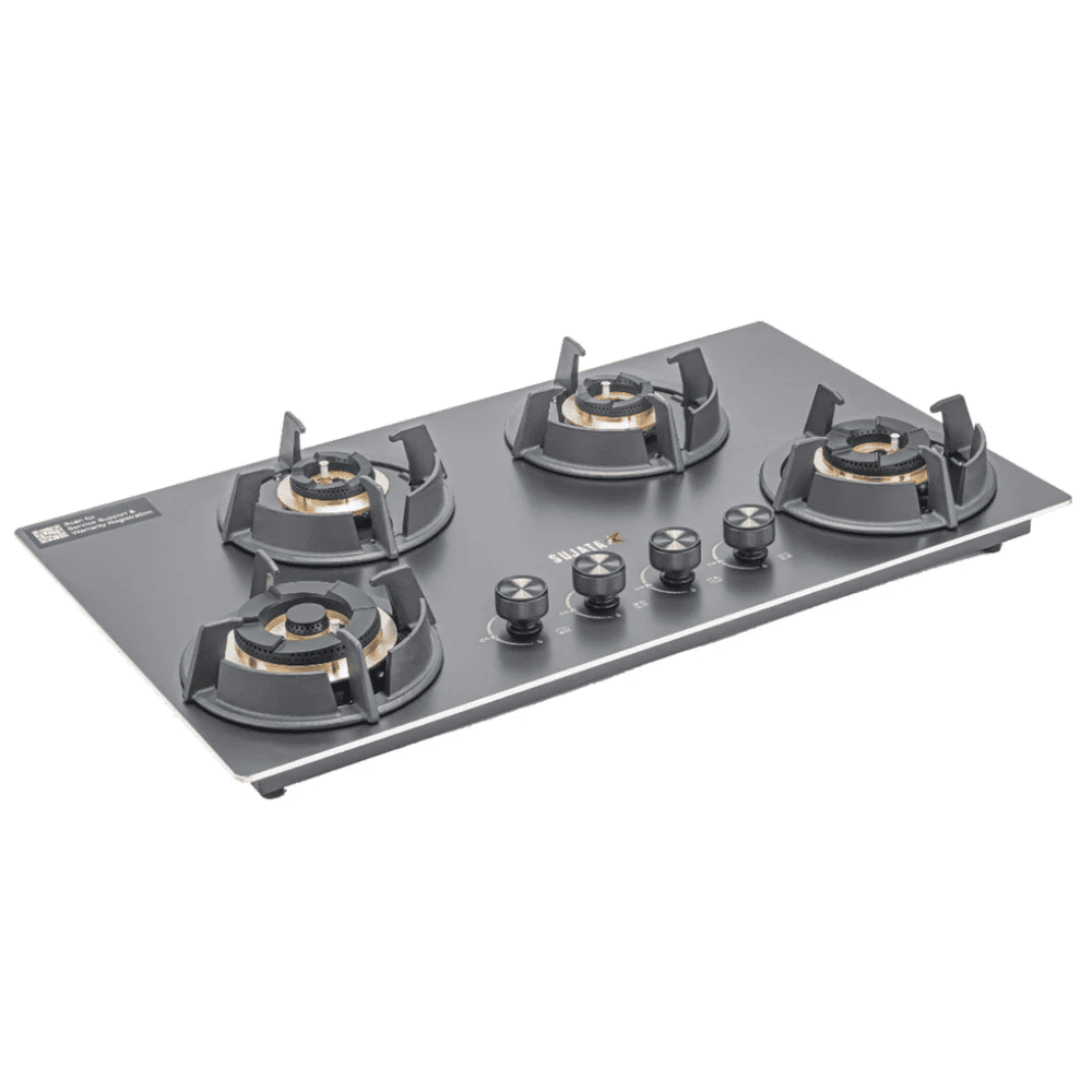 Sujata Hob, 4 Burner 76 cm Auto Ignition Chromium Steel Burner 1 Larg + 1 Medium + 2 Small (FB 4B76, Black)