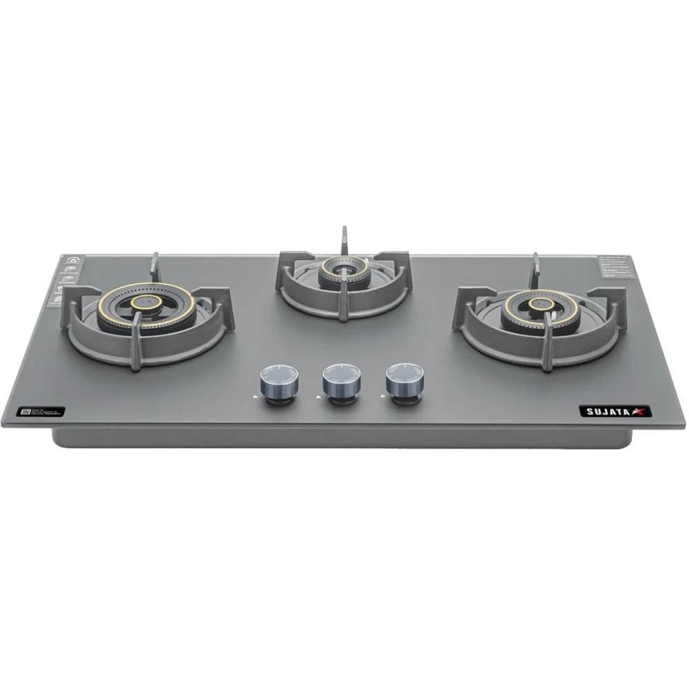 Sujata Hob, 3 Burner 60 cm Auto Ignition Glass Top Brass Burner 1 Larg + 1 Medium + 1 small (Palladium FB 3B60, Black)