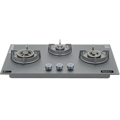 Sujata Hob, 3 Burner 60 cm Auto Ignition Glass Top Brass Burner 1 Larg + 1 Medium + 1 small (Palladium FB 3B60, Black)