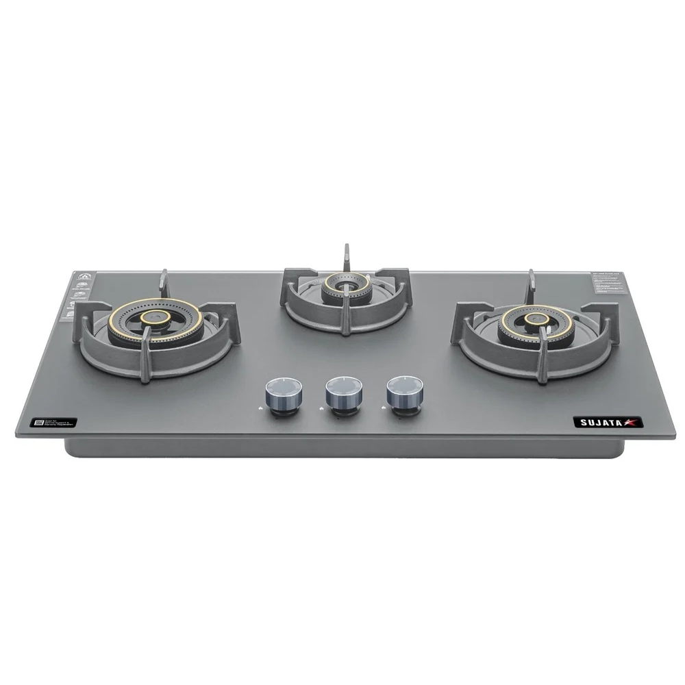Sujata Hob, 3 Burner 78 cm Auto Ignition Glass Top Brass Burner 1 Larg + 1 Medium + 1 small (Palladium FB 3B78 FFD, Black)