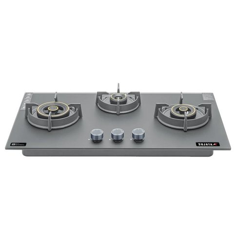 Sujata Hob, 3 Burner 78 cm Auto Ignition Glass Top Brass Burner 1 Larg + 1 Medium + 1 small (Palladium FB 3B78 FFD, Black)