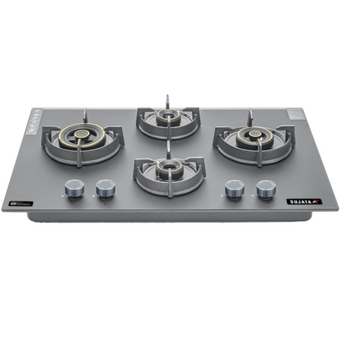 Sujata Hob, 4 Burner 78 cm Auto Ignition Glass Top Brass Burner 1 Larg + 1 Medium + 2 small (Palladium FB 4B78TP FFD, Black)