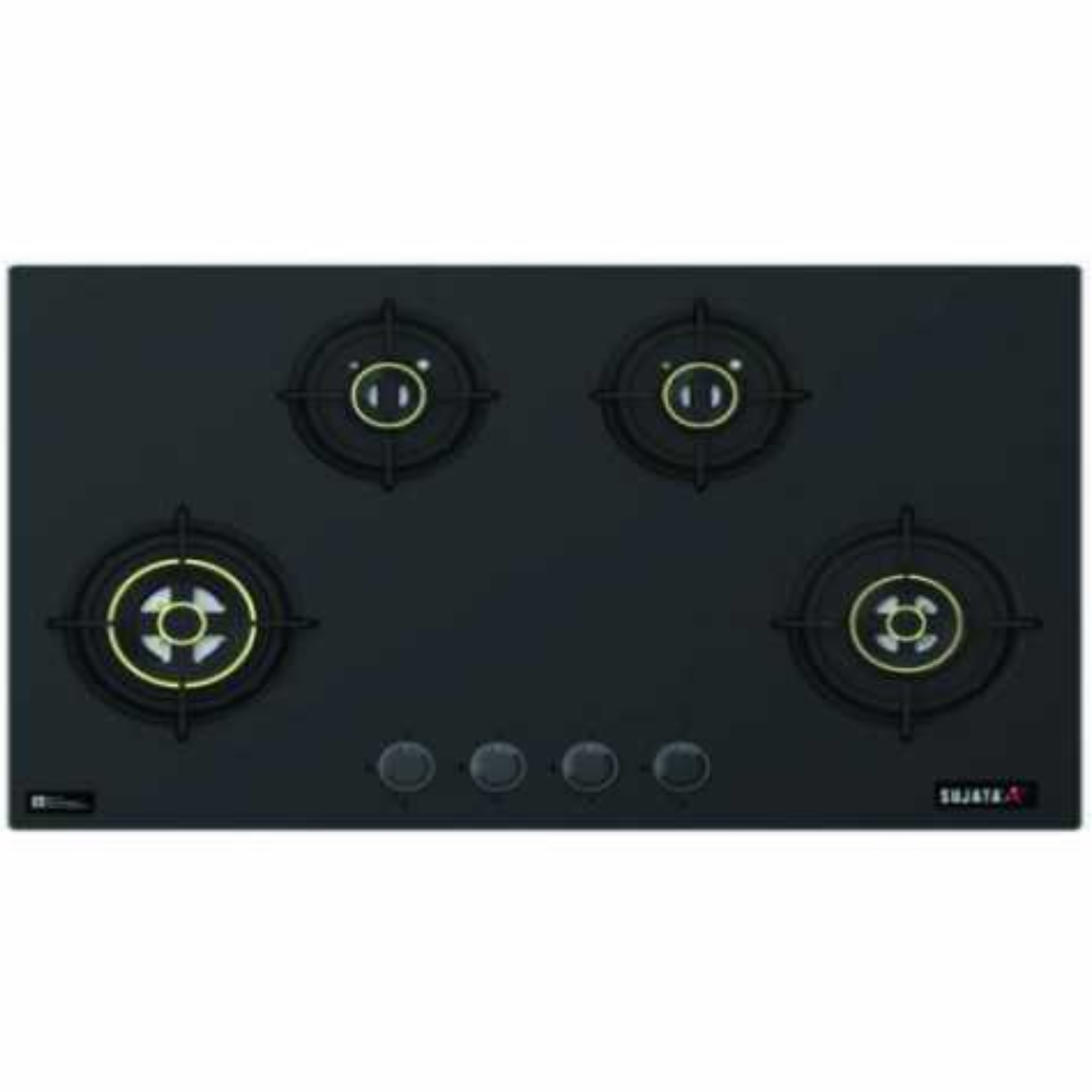 Sujata Hob, 4 Burner 86 cm Auto Ignition Glass Top Brass Burner 1 Larg + 1 Medium + 2 small (Palladium FB 4B86TP FFD, Black)