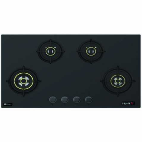 Sujata Hob, 4 Burner 86 cm Auto Ignition Glass Top Brass Burner 1 Larg + 1 Medium + 2 small (Palladium FB 4B86TP FFD, Black)