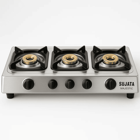 Sujata Cooktop Majestic, 3 Burner Manual Stainless Steel Gas Stove (Silver)
