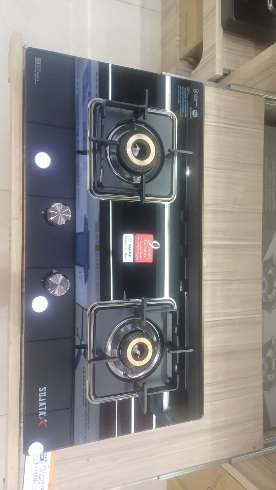 Sujata Cooktop Premium, 2 Burner Glass Top Forged Brass Burner Gas Stove (Black)